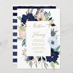 Invitation Bleu nautique Floral Or Starfish Mariage rayé