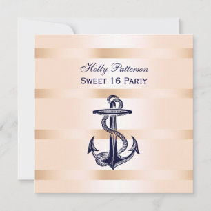 Invitation Bleu Nautique Marine Ancre Rose Bébé Fond Carré Do