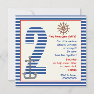 Invitation Bleu nautique, voilier blanc 2e anniversaire