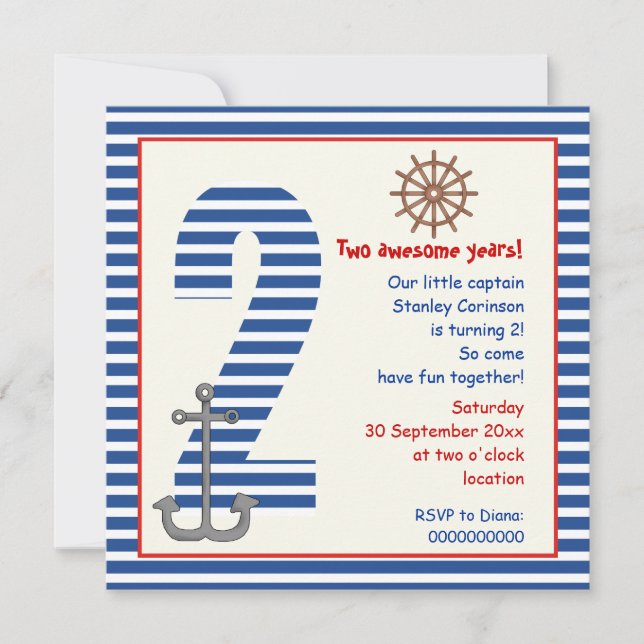 Invitation Bleu nautique, voilier blanc 2e anniversaire (Devant)