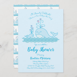 Invitation Bleu neutre pour le Baby shower des baleines