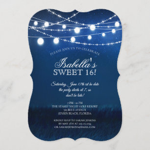 Invitation Bleu Night & Argent String Lights 16 Anniversaire