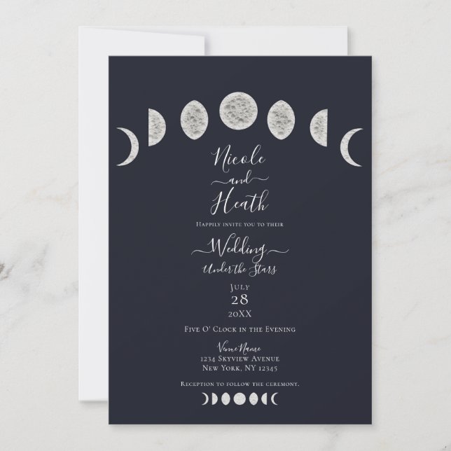 Invitation Bleu Night Sky Moon Phases Mariage soirée (Devant)