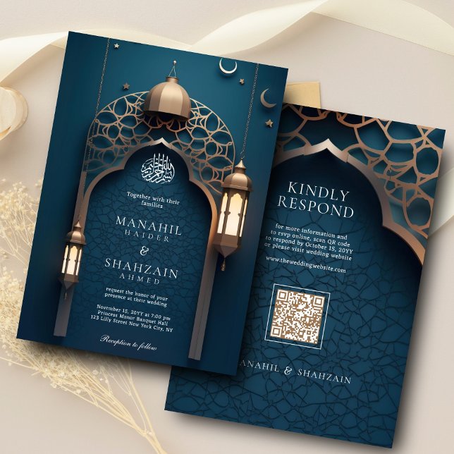 Invitation Bleu Nil Arc islamique 3D Élégant Mariage musulman (Créateur téléchargé)