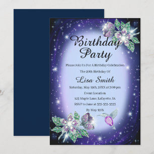Invitation Bleu n'importe quel âge Bling Floral Birthday