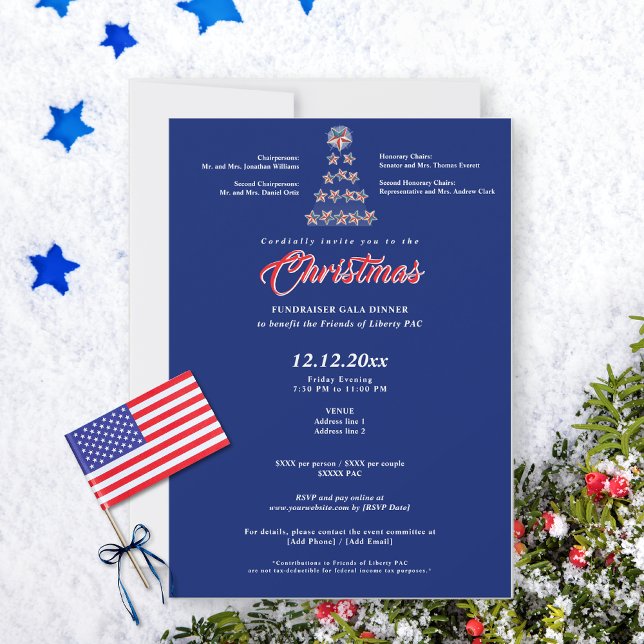 Invitation Bleu Noël Politique Collecte de fonds Dîner de gal (Blue Christmas political fundraiser gala invitation on snowy background with star tree)