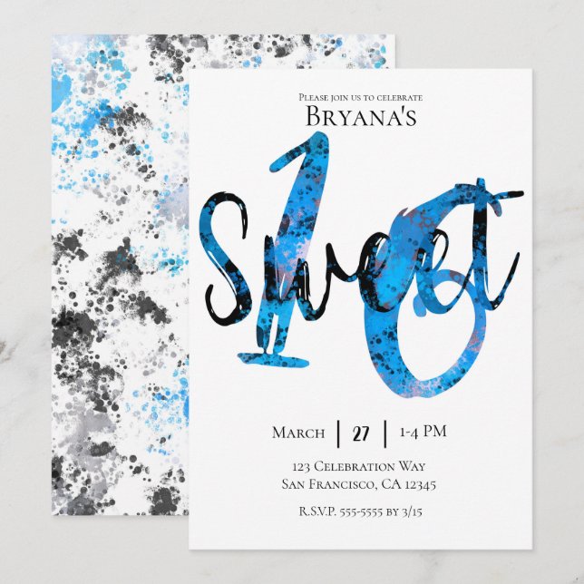 Invitation Bleu Noir Argent Éclaboussure Douce 16e Anniversai (Devant / Derrière)