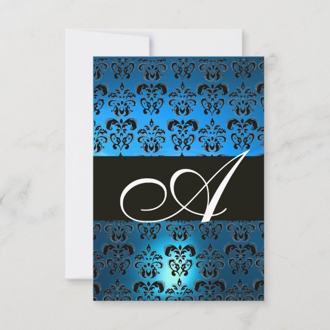 INVITATION BLEU NOIR BLANC DAMAS MONOGRAMME (Devant)