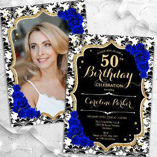 Invitation Bleu noir blanc Royal Photo 50e anniversaire