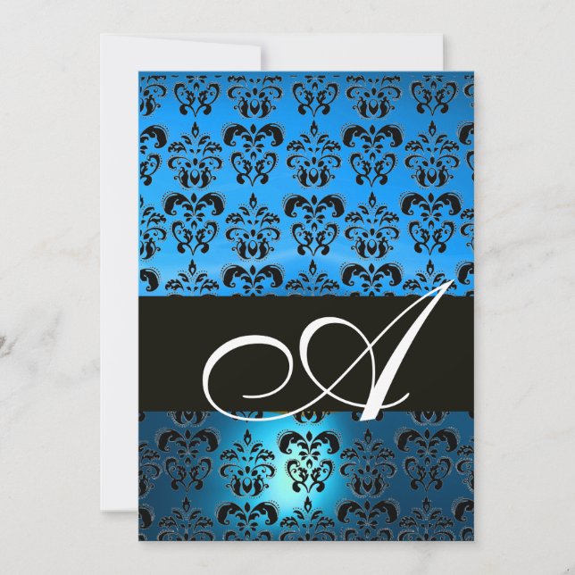 Invitation BLEU  NOIR  DAMAS MONOGRAMME ,blanc brillant (Devant)