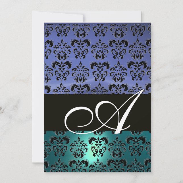 Invitation BLEU NOIR  DAMAS MONOGRAMME ,blanc brillant (Devant)