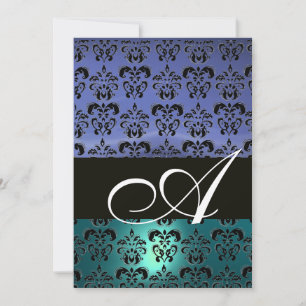 Invitation BLEU NOIR DAMAS MONOGRAMME ,blanc brillant