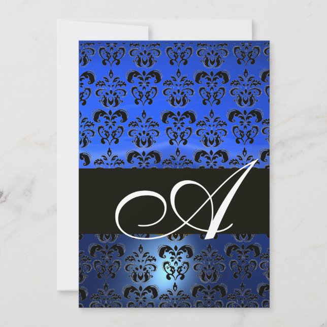Invitation BLEU  NOIR  DAMAS MONOGRAMME ,blanc brillant (Devant)