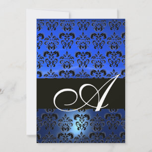 Invitation BLEU  NOIR  DAMAS MONOGRAMME ,blanc brillant