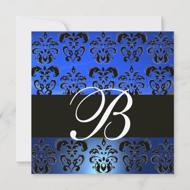 Invitation BLEU NOIR  DAMAS MONOGRAMME , Or Blanc Brillants (Devant)