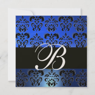 Invitation BLEU NOIR  DAMAS MONOGRAMME , Or Blanc Brillants