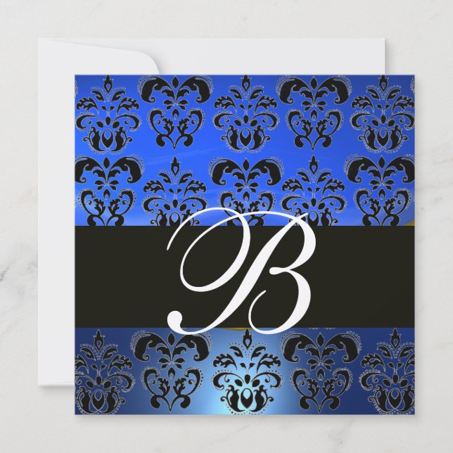 Invitation BLEU NOIR  DAMAS MONOGRAMME , Or Blanc Doré (Devant)