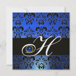 INVITATION BLEU NOIR DAMAS MONOGRAMME SAPHIR GLACE BLANCHE