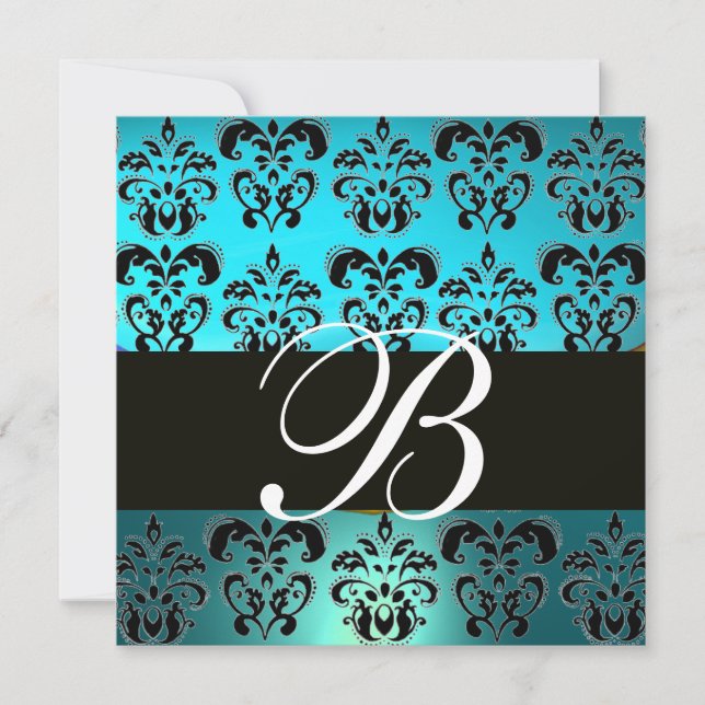 Invitation BLEU NOIR DAMAS MONOGRAMME, turquoise blanc (Devant)