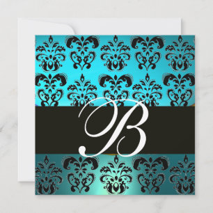 Invitation BLEU NOIR DAMAS MONOGRAMME, turquoise blanc