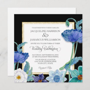 Invitation Bleu noir et blanc Aquarelle Flore Pavot floral Si