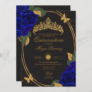 Invitation Bleu noir Parties scintillant or papillon Quinceañ