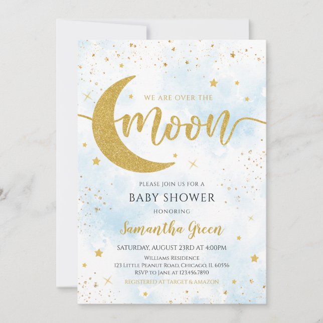 Invitation Bleu Nous sommes sur le Baby shower de la Lune (Devant)