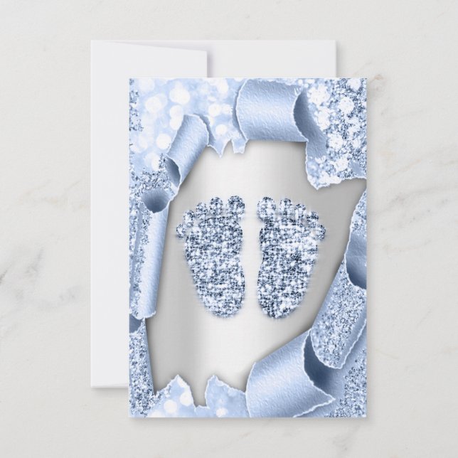 Invitation Bleu Nouveau bébé Douche pieds garçon Argent (Dos)