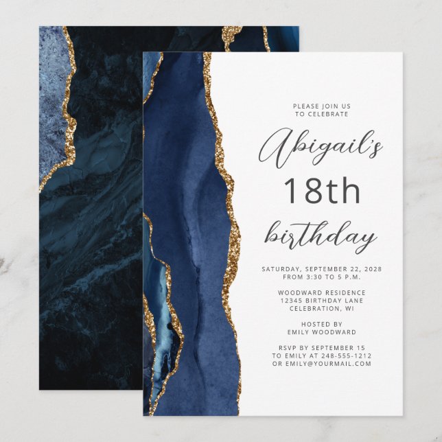 Invitation Bleu Nuit Agate Dorée Script 18ème Anniversaire (Devant / Derrière)