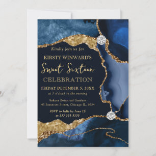 Invitation Bleu Nuit Agate & Paillettes Dorées Sweet Sixteen