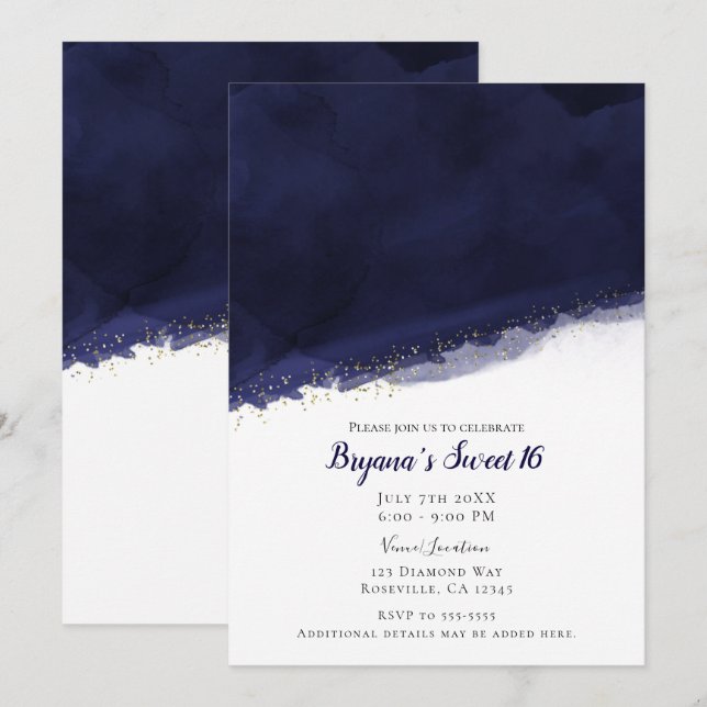 Invitation Bleu Nuit Aquarelle & Or Moderne Chic Douce 16 (Devant / Derrière)