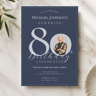Invitation Bleu Nuit Argent Photo Surprise 80e Anniversaire