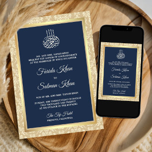 Invitation Bleu Nuit Crème Damas Mariage Islamique Musulman
