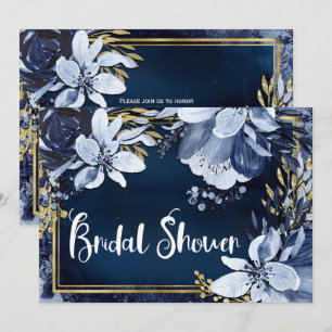 Invitation Bleu Nuit et Or Élégant Moderne Floral Aquarelle