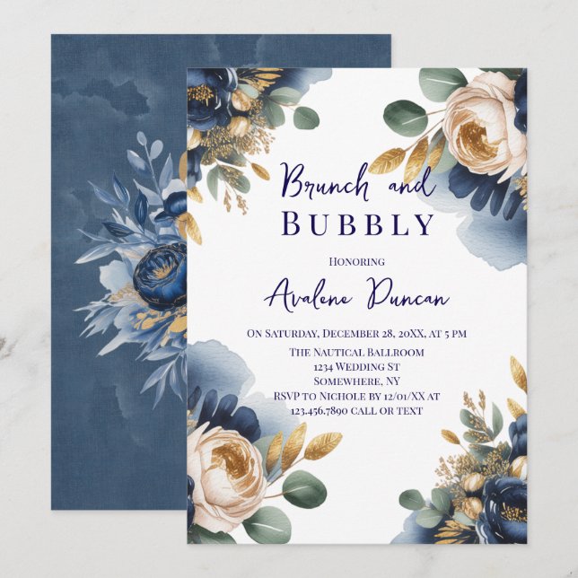 Invitation Bleu Nuit et Pivoine Dorée Brunch et Bulles (Devant / Derrière)
