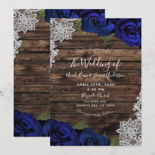 Invitation Bleu Nuit Fleurs Roses Bois Rustique Dentelle Mari