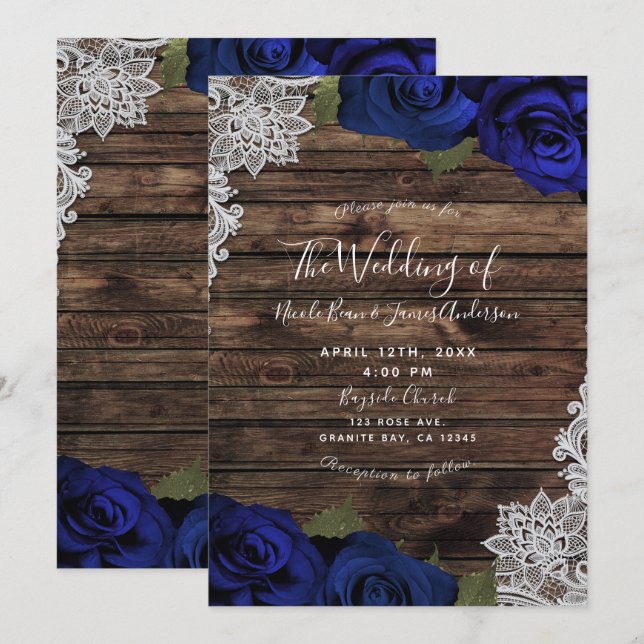 Invitation Bleu Nuit Fleurs Roses Bois Rustique Dentelle Mari (Devant / Derrière)