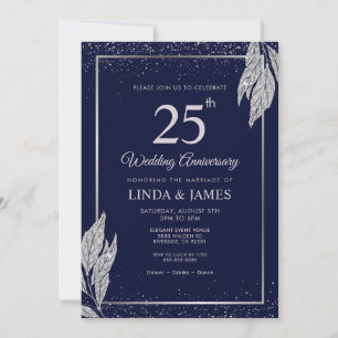 Invitation Bleu Nuit Foncé Argent Feuille Mariage Anniversair