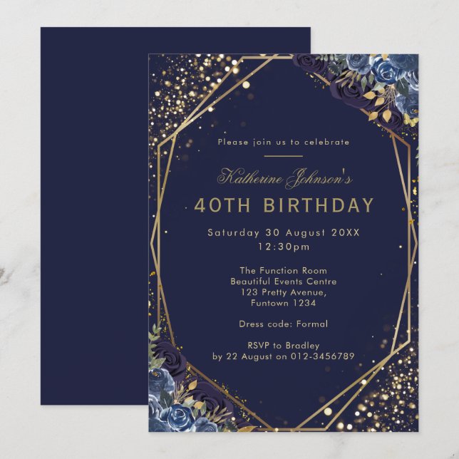 Invitation Bleu Nuit Formel pour 40e Anniversaire (Devant / Derrière)
