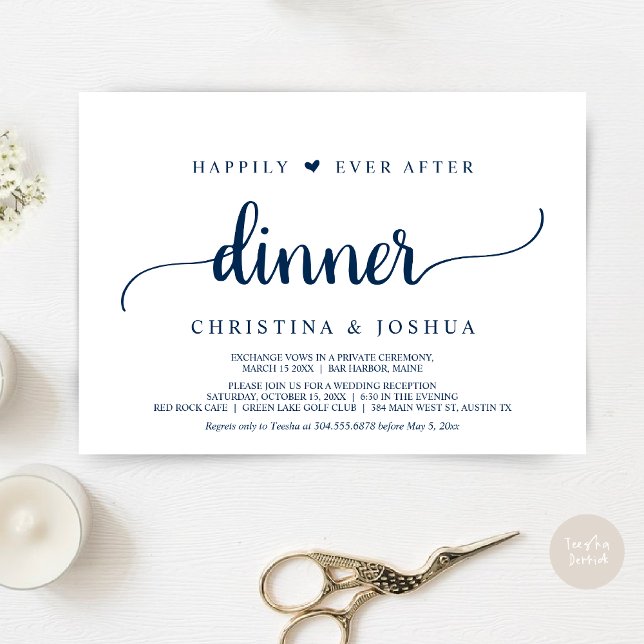 Invitation Bleu Nuit, Fugue, Dîner à tout jamais (Happily Ever After Dinner Invitation Card, Modern Elopement Rustic Script, PDF, Navy Blue)