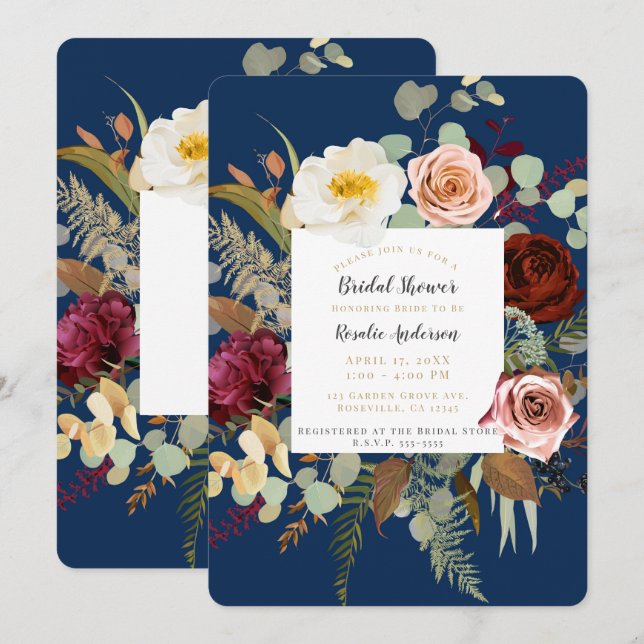 Invitation Bleu Nuit Marsala Rose Floral Rustique Baby Shower (Devant / Derrière)