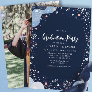 Invitation Bleu Nuit Moderne Floral Confettis Diplômé