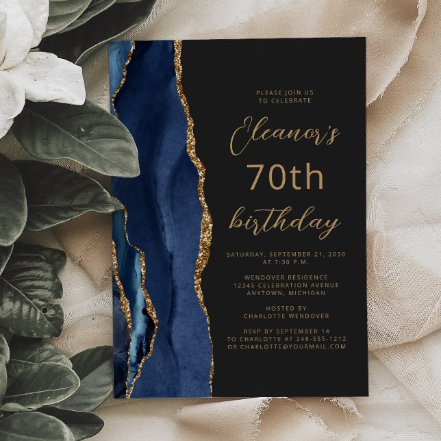Invitation Bleu Nuit Or Agate Ardoise Script 70e Anniversaire (Créateur téléchargé)