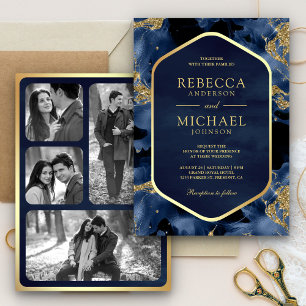 Invitation Bleu Nuit Or Encre Abstraite Fluide Photo Mariage