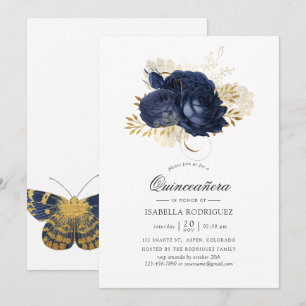 Invitation Bleu Nuit & Or Roses Vintage Shabby Quinceañera