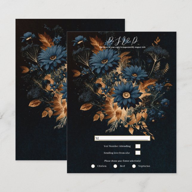 Invitation Bleu Nuit Or Rustique Glam Bohème Réponse Mariage  (Devant / Derrière)