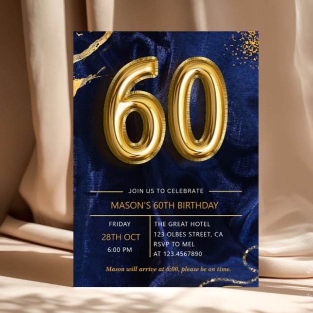 Invitation Bleu Nuit Pailleté Or 60e Anniversaire (Navy blue and gold glitters surprise 60th birthday party invitation. Elegant modern design featuring)