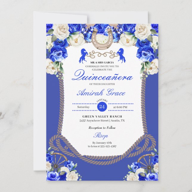 Invitation Bleu Occidental Roses Charro Cowgirl Quinceañera (Devant)