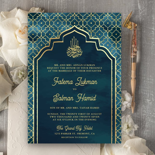 Invitation Bleu Océan Or Arch Marocain Mariage Musulman (Créateur téléchargé)