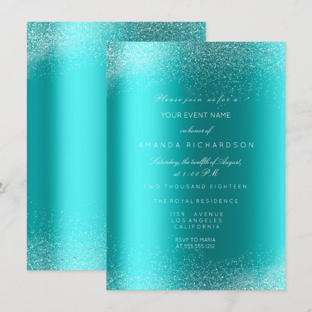 Invitation Bleu Océan Paillettes Étincelles Sable Mariage Ann (Devant / Derrière)